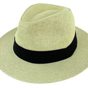 Women Summer Straw Panama Hat Fedora Sun Hat Beige